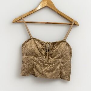 Madden NYC Womens Beige Lace Crop Top Size M Adjustable Straps Bow Front